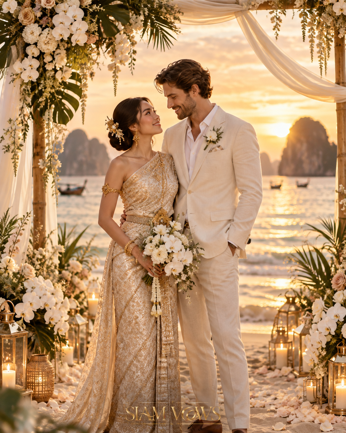 Beach wedding in Thailand at sunset, bride in Thai silk and groom in linen beneath a floral arch