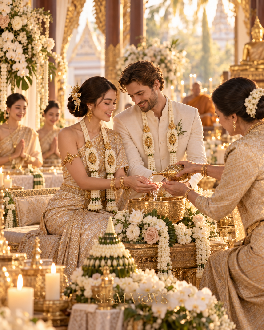 Traditional Thai wedding water-pouring ceremony at a temple with jasmine garlands
