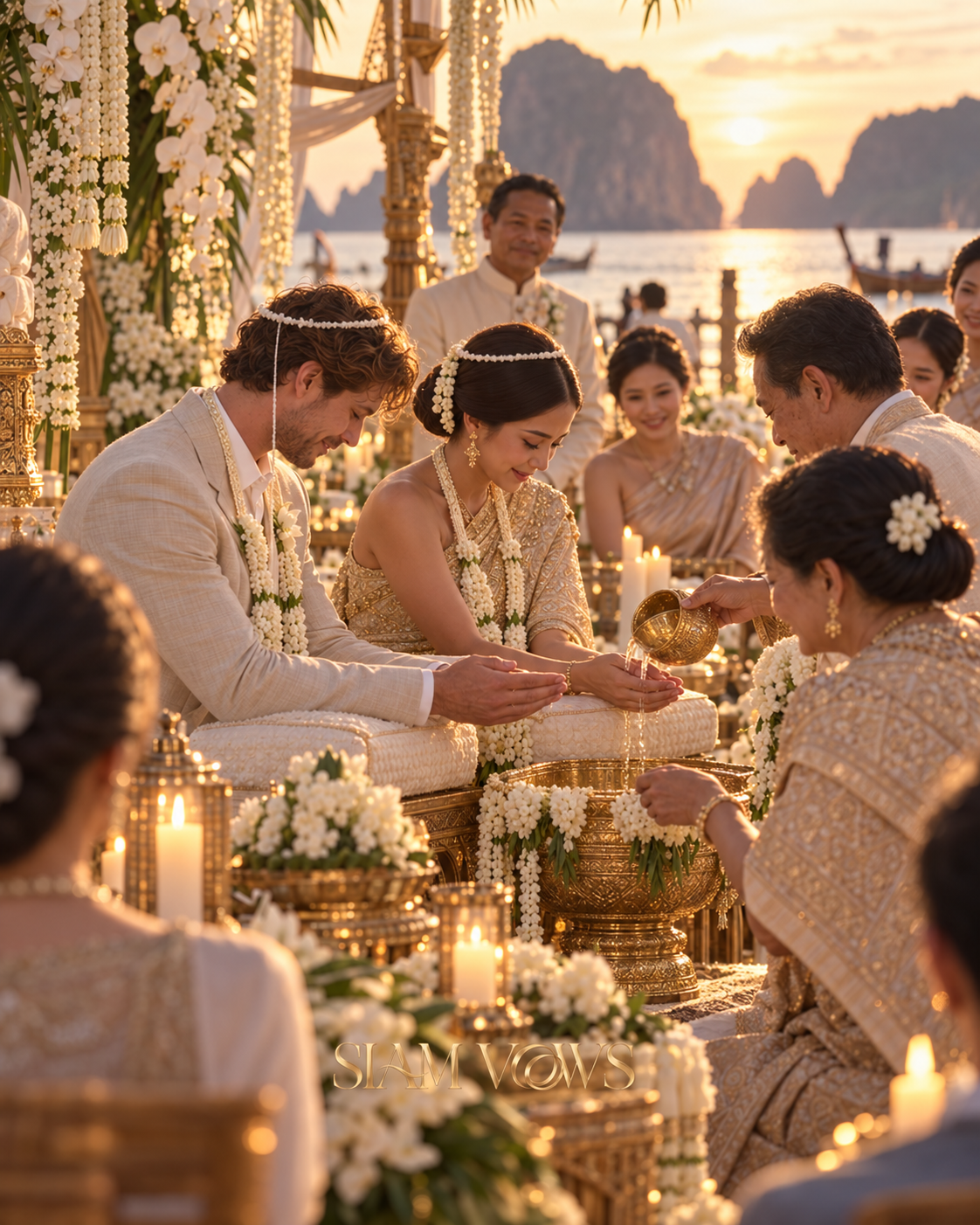 Thai-Western couple receiving the Rod Nam Sang water blessing on a Thai beach