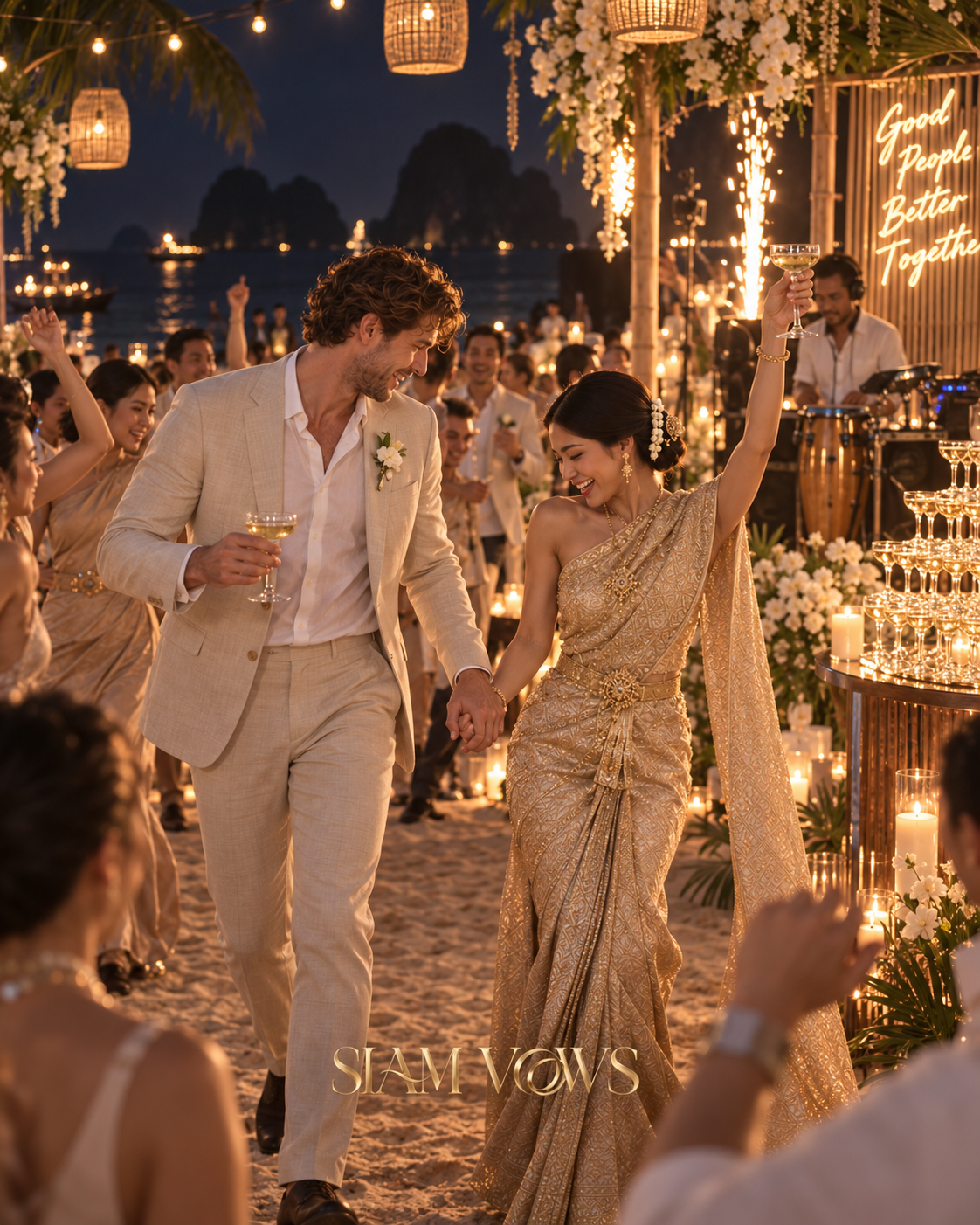 Luxury beach wedding reception in Thailand with candlelight, champagne and dancing guests