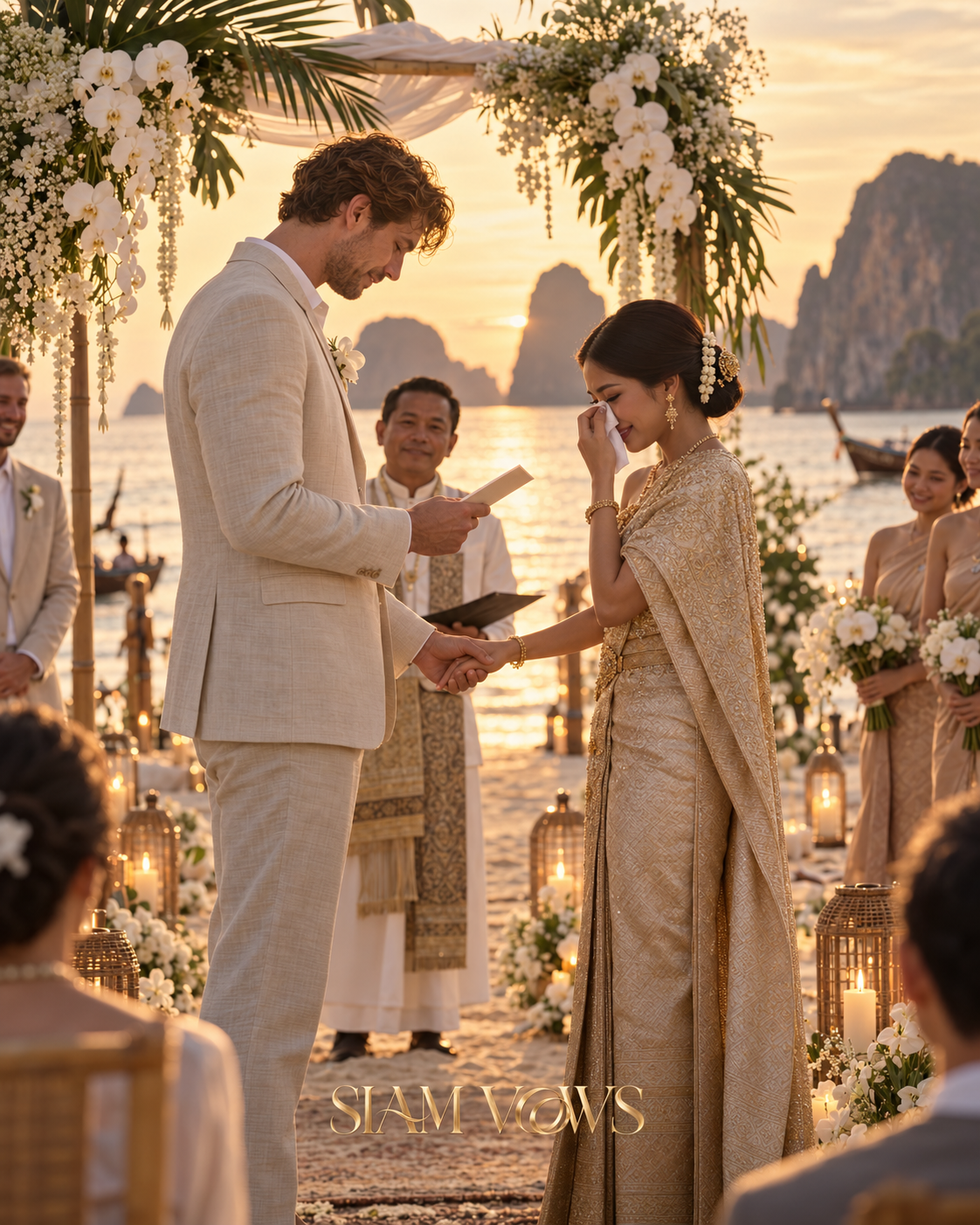 Intimate beach ceremony in Thailand as a couple exchange their vows at golden hour