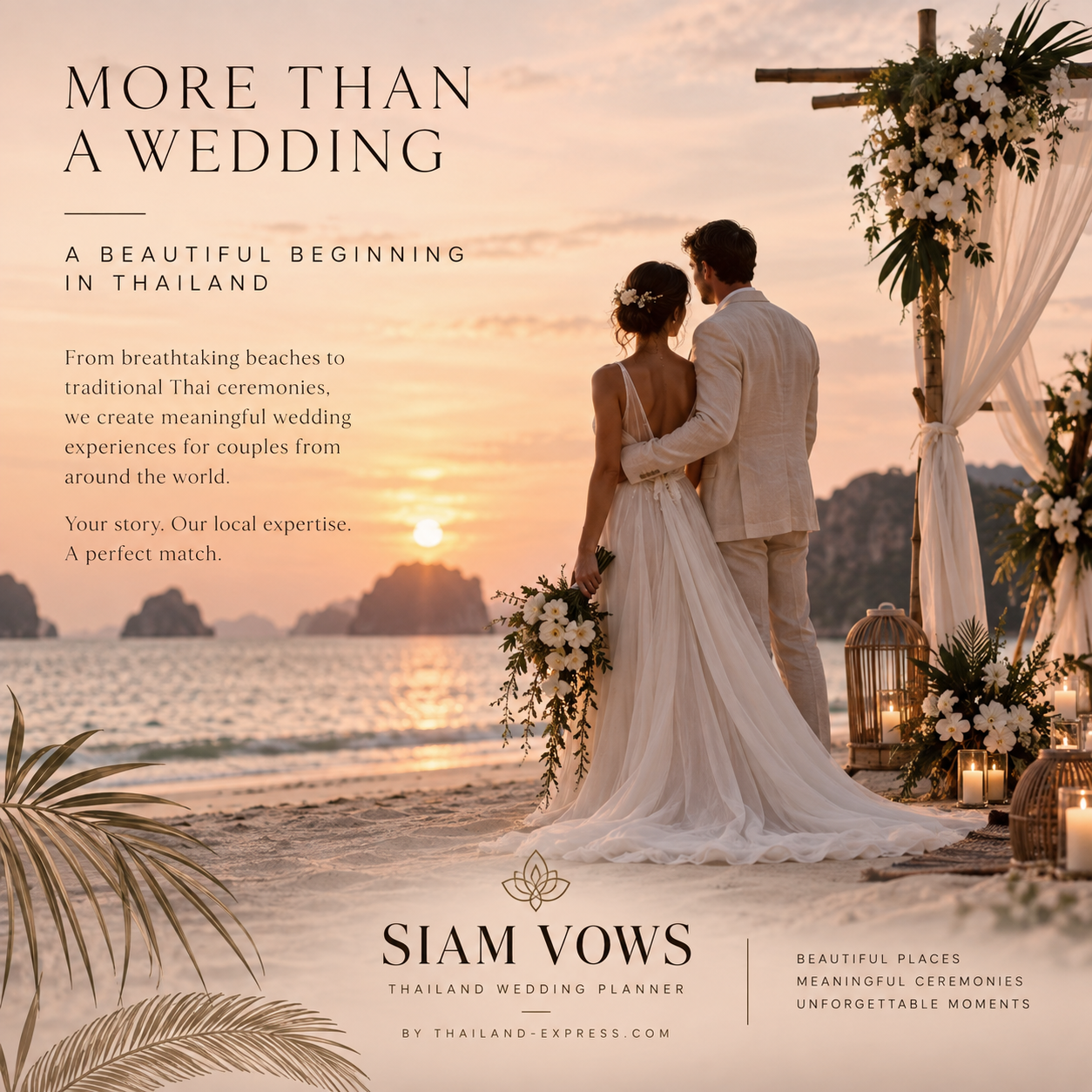 Bride and groom at a sunset beach ceremony in Thailand beneath a floral bamboo arch