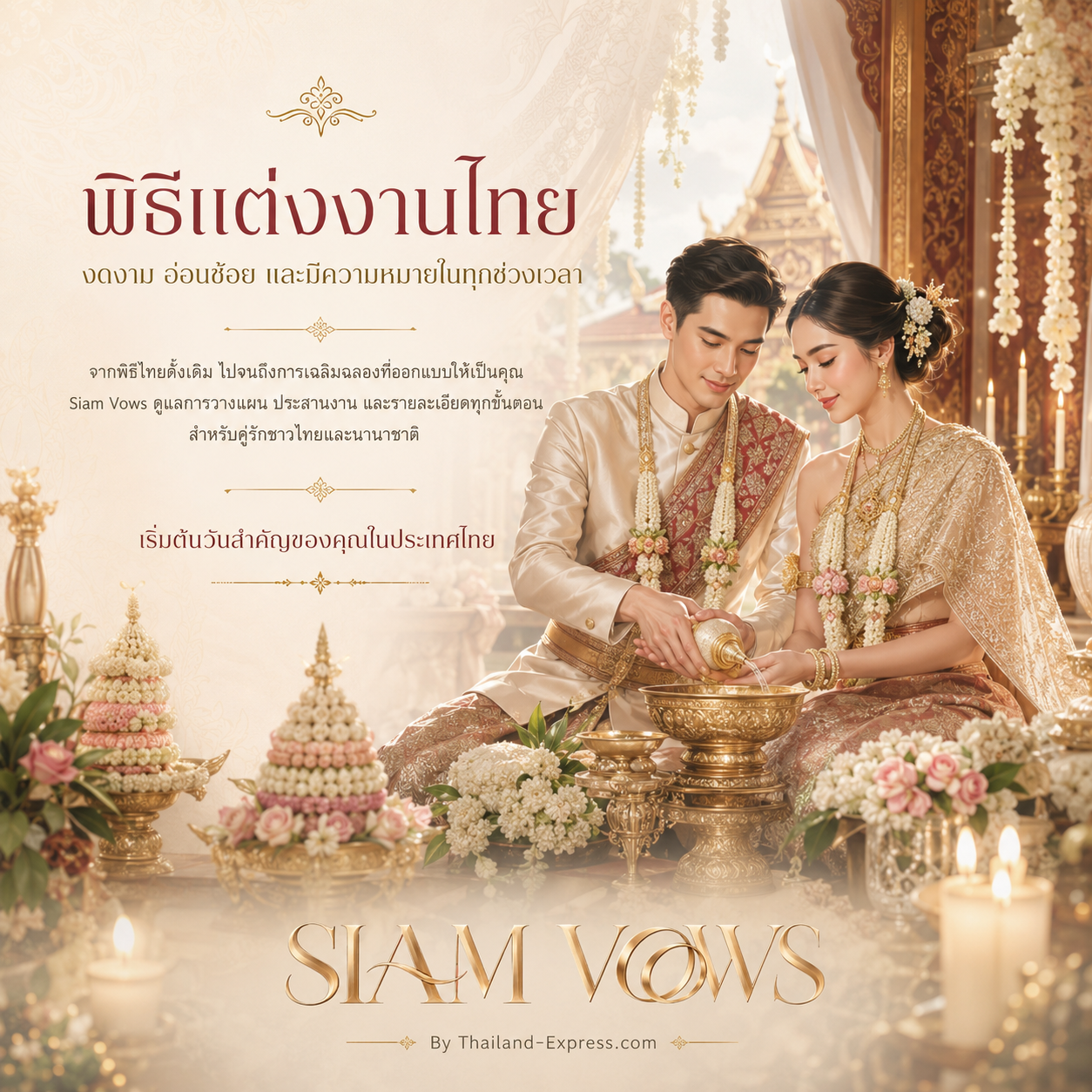 คู่บ่าวสาวในชุดไทยประกอบพิธีรดน้ำสังข์ในงานแต่งงานแบบไทยดั้งเดิม