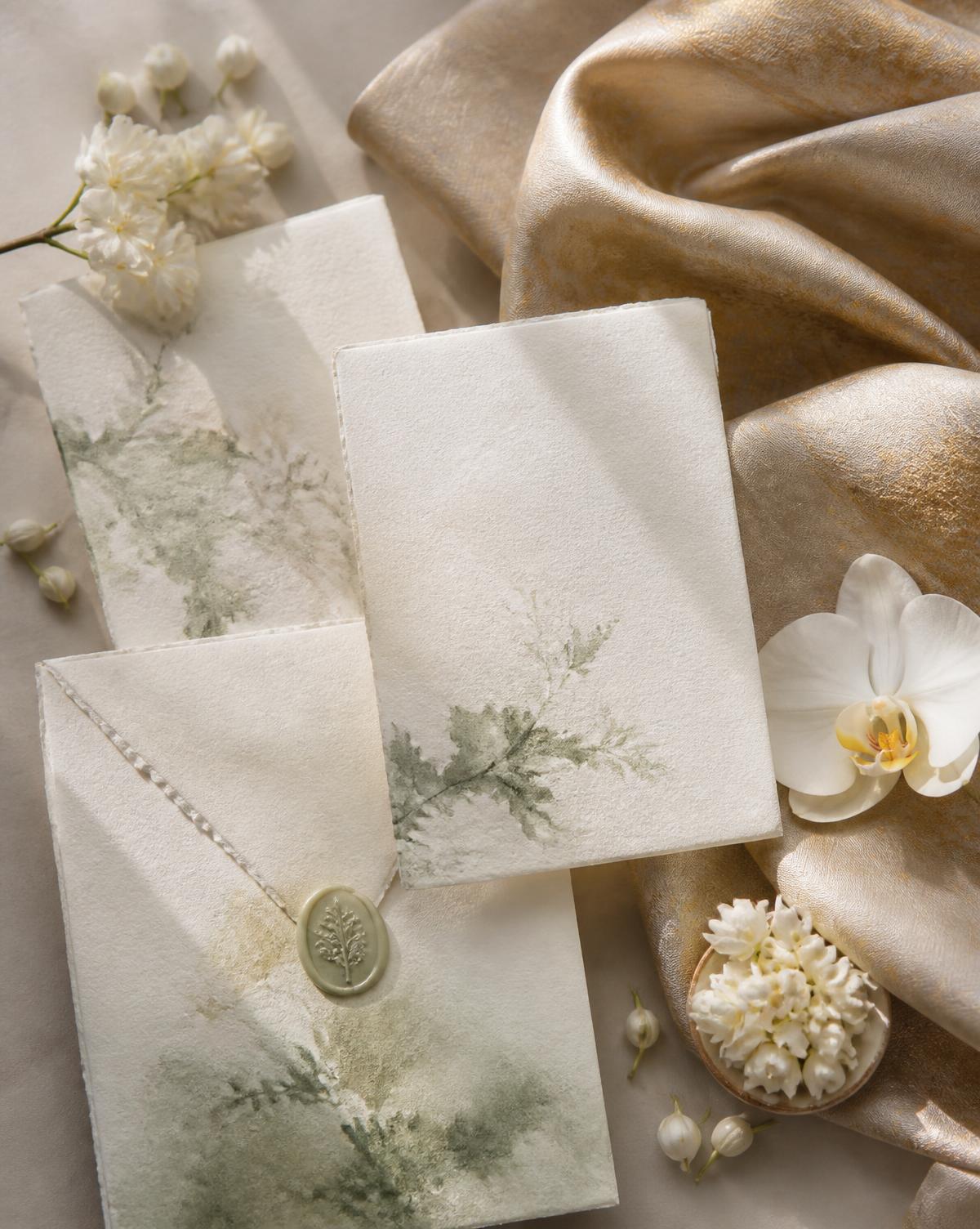Hand-made wedding stationery with Thai silk, jasmine and an orchid