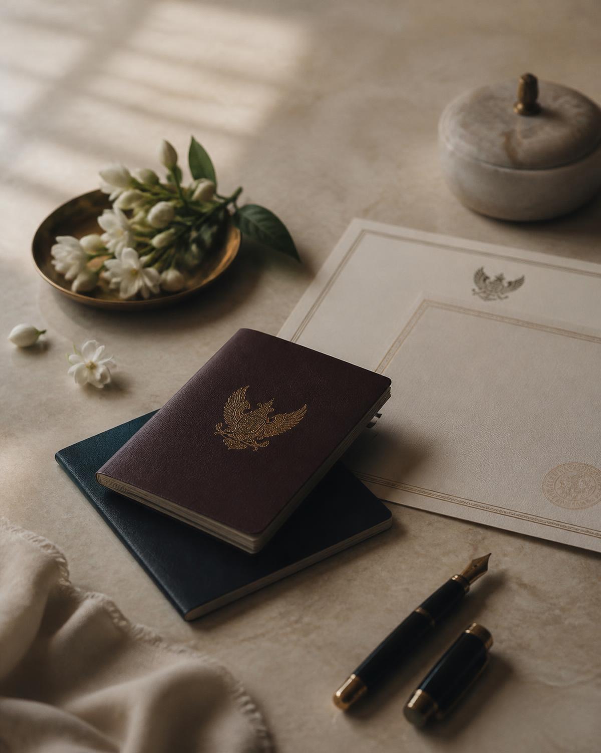 Passports, official documents, a fountain pen and jasmine on a limestone table