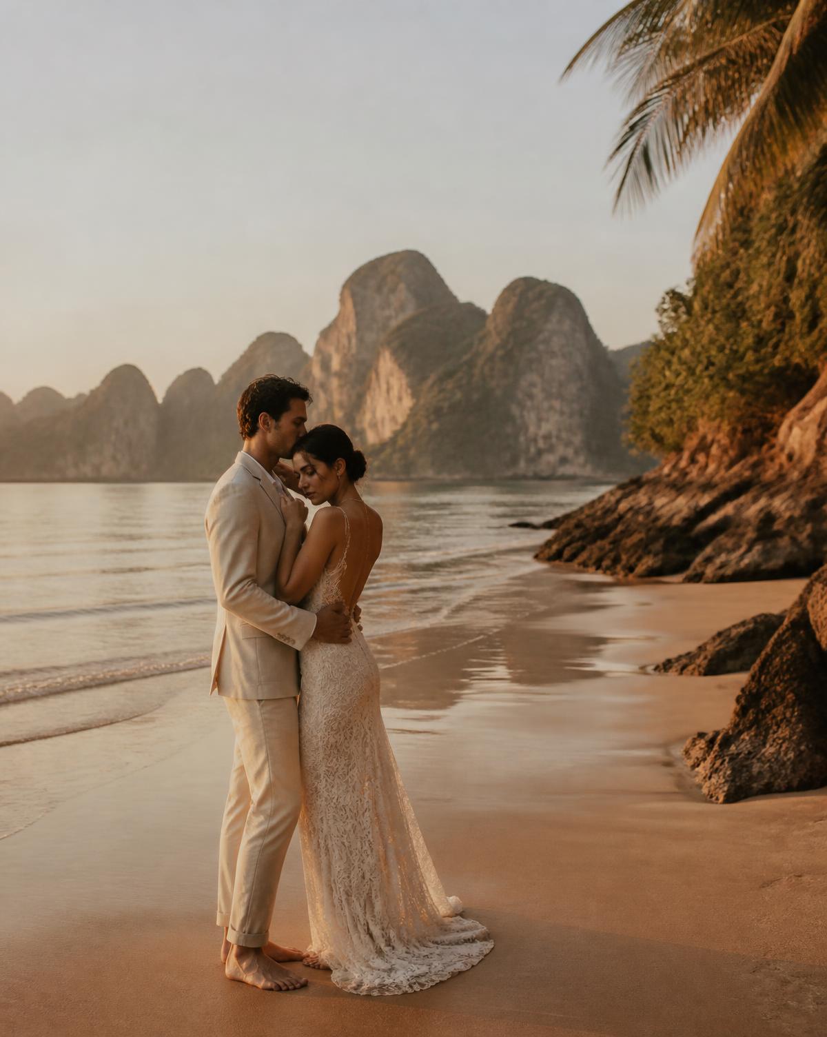 Couple standing barefoot on a Thai beach at golden hour beside limestone cliffs