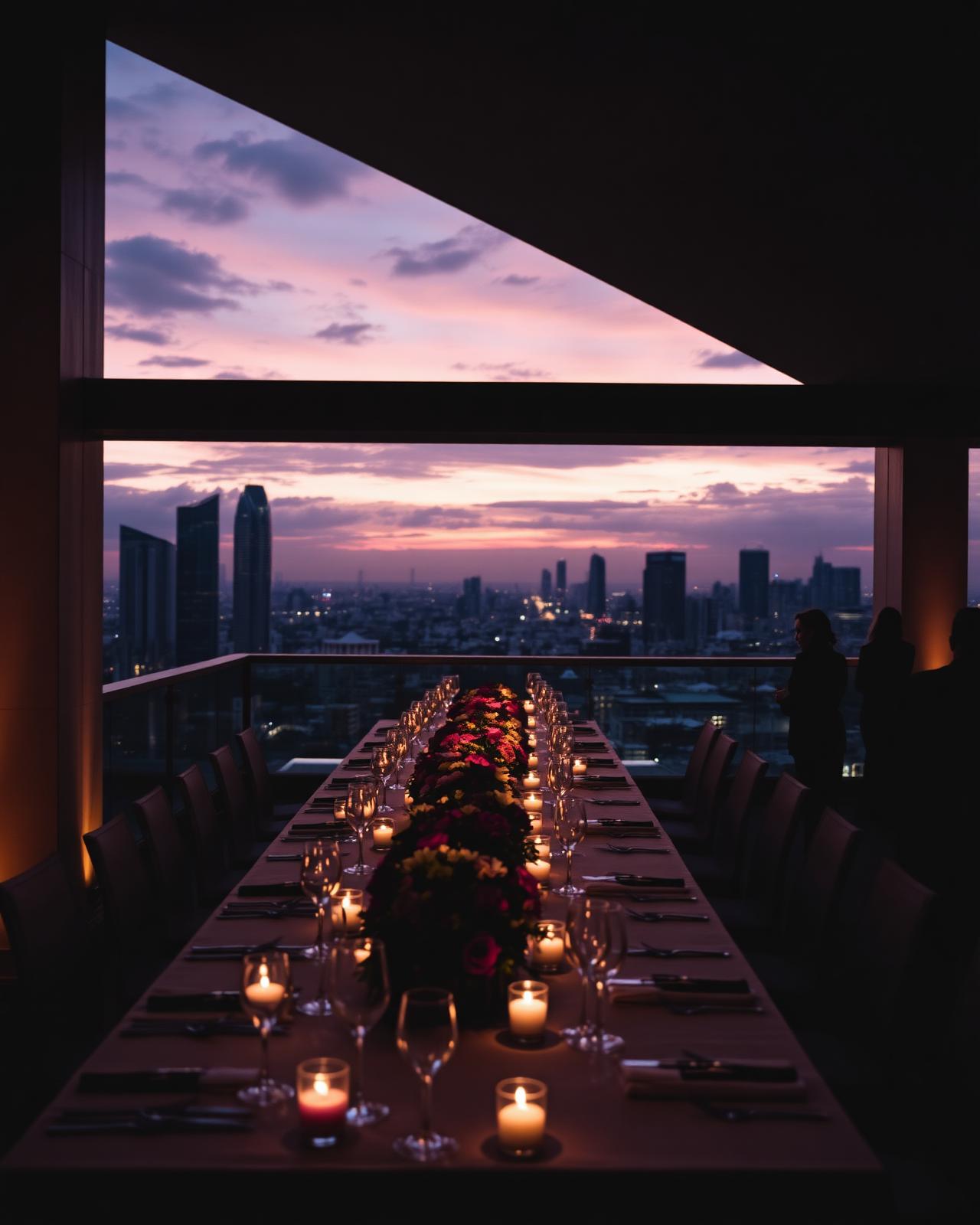 Bangkok city wedding reception table with skyline views