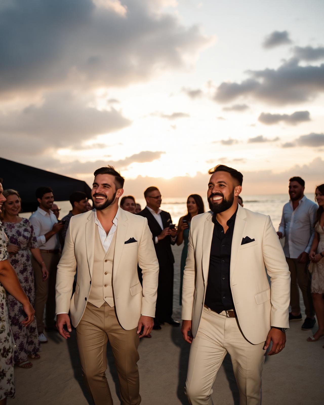 Same-sex wedding celebration with guests on a Thai beach