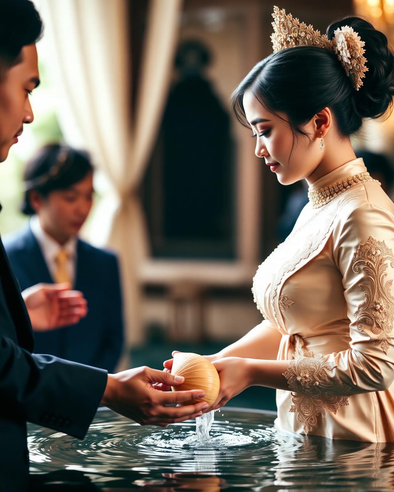 A Thai water blessing ceremony with the couple in traditional silk attire