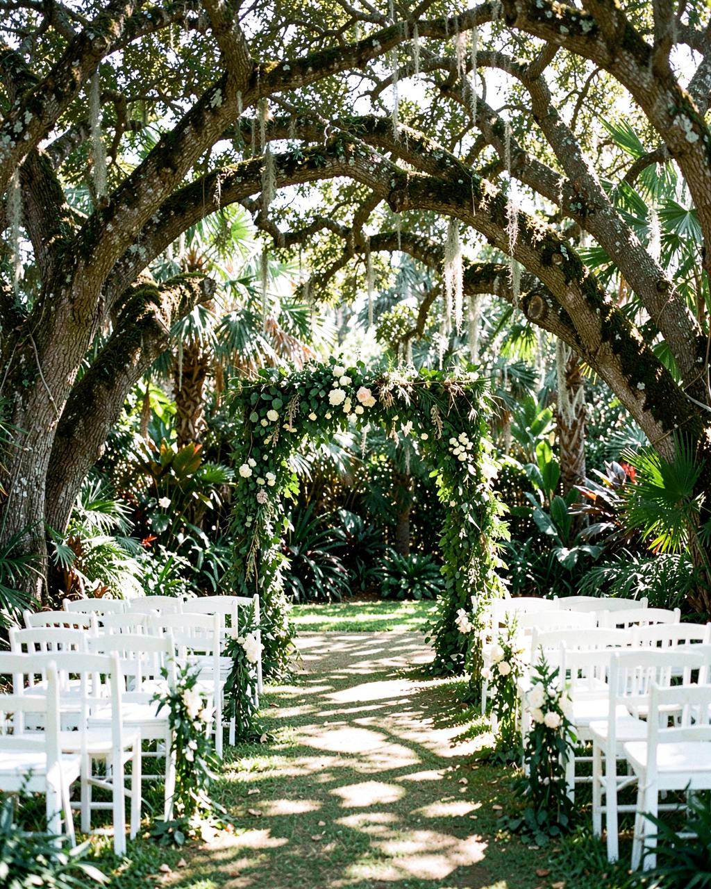 Tropical garden wedding ceremony setting in Thailand
